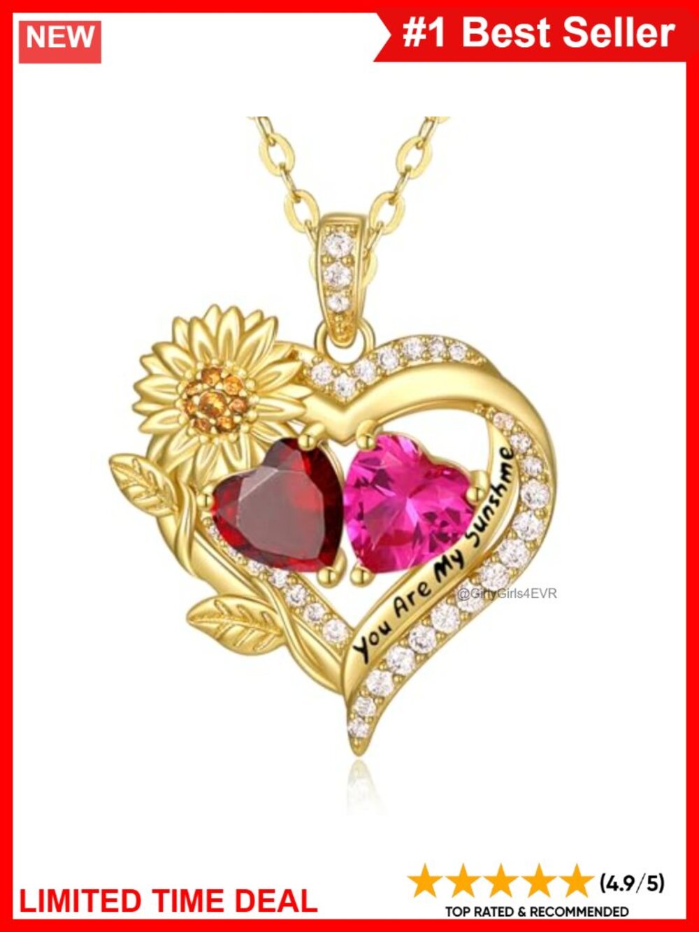 14K Gold Plated Sunflower Heart Necklace Double Birthstone Pendant